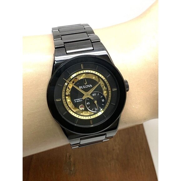 Bulova Men's Watch 98A291 Millennia Automatic Skeleton Gold Black Dial Ceramic - Picture 11 of 14
